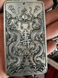 China Tibetan silver Carved scriptures Pendant Double dragon "Shou" Waist tag