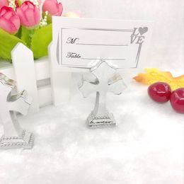 100PCS Religion Wedding Favors Silver-Finish Cross Place Card/Photo Holder Sacrament Party Decoratives Home Ornament