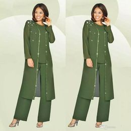 Green Plus Size Mother Of The Bride Pant Suits With Long Jacket Mother's Groom Outfit Beads Wedding Guest Dresses