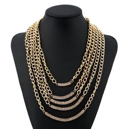 Fashion luxury designer exaggerated geometric golden metal multi layer tassel chain diamond rhinestone sweater statement necklace for woman