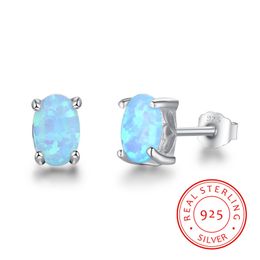 100% 925 Sterling Silver Stud Earrings New Fashion 4mm Oval Blue Fire Opal Earrings Fine Jewellery For Women