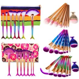 Mermaid Makeup Brushes Set 7 8 pcs Foundation Eyeshadow Make up Brush Kit with Cosmetic Bag Case Concealer Fan Powder Travel Cosmetics Tool