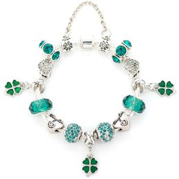 Fashion luxury designer diamond crystal DIY European beads romantic four-leaf grass flower charm bangle bracelet for woman girls