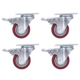 4 Pack Caster Wheels Swivel Plate With Brake On Red Polyurethane Wheels (3 Inch With Brake)