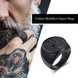 Neptune's Trident Medallion Signet Rings for Men Stainless Steel Black Poseidon's Astrology Band Male Jewelry