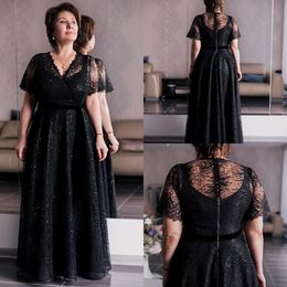 Newest Lace V Neck Short Sleeve A Line Mother Of The Bride Dresses Sequins Lace Mother Bride Dresses Plus Size Wedding Evening Gowns