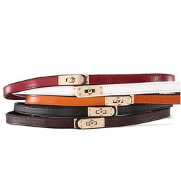 New Women's Dress Belts Golden Buckle Skinny Fashion Cowhide Belts Genuine Leather Waist Strap For Female Up to 38 INCH