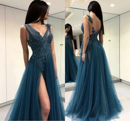 Sexy High-Thigh Slits Prom Dresses Sheer Neck Backless Sweep Train Appliques Beads Long Formal Evening Party Gowns Special Occasion Dress