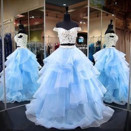 Sky Blue Two Pieces Prom Dresses Off Shoulder Lace Top And Organza Tiered Long Skirt Evening Dress Floor Length Formal Party Dress Cheap