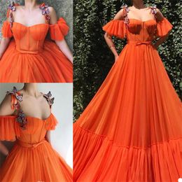 Orange A-line Evening Dresses Sexy Strapless Ruched Chiffon Sequins Hand Made Flower Prom Dress Backless Sweep Train Custom Made Party Gown