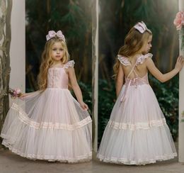 Angel 2020 Flower Girls Dresses For Wedding Light Pink Lace Kids Formal Wear Backless Floor Length Girl's Pegeant Dress