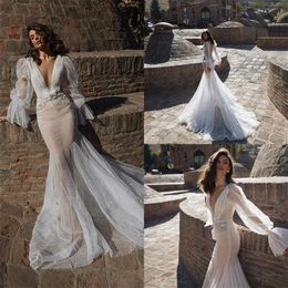 2020 Mermaid Wedding Dresses V Neck Backless Lace Applique Illution Long Sleeves Wedding Dress Custom Made Vestidos De Novia