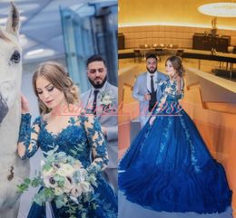 Exquisite Arabic Lace Applique Wedding Dresses Sheer Train Blue A-Line Long Sleeve Bride Dress Cheap Vestido de novia Bridal Ball Gowns