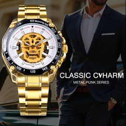 Forsining White Dial Fashion Skull Design Golden Skeleton Clock Luminous Hands Men's Automatic Watches Top Brand Luxury237i