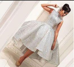 high neck Bling Muslim Evening Dresses 2019 high low Ball Gown Tea Length Seuqins Islamic Dubai Saudi Arabic Formal Evening Gown Prom Dress