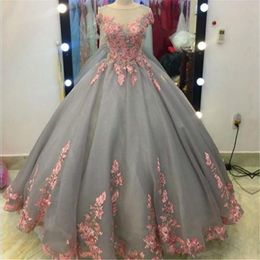 2024 New Arrival Sexy Quinceanera Dresses Sheer Neck Lace 3D Appliques Beaded Grey Tulle Illusion Sweet 16 Party Prom Dress Evening Gowns 403