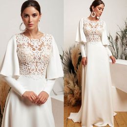 Fabulous A Line Lace Wedding Dresses Sheer Jewel Neck Long Sleeves Bridal Gowns Sweep Train Satin robe de mariée