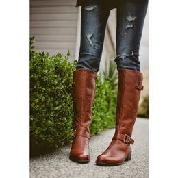 Fashion Women Lace-Up Riding Motorcycle Boots Low Heel Knee High Boots Buckle Side Zipper Female Boots Brown