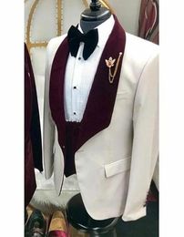 Latest Design One Button Wedding Men Suits Wine Shawl Lapel Three Pieces Business Groom Tuxedos (Jacket+Pants+Vest+Tie) W1141