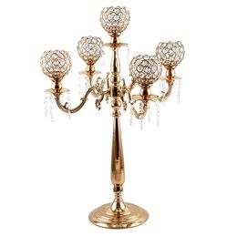 Top rated 60cm height 5-arms metal candelabras with crystal pendats, shiny silver finish wedding candle holder.