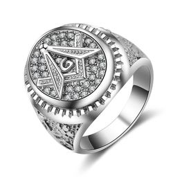 New Trendy Unique Silver Black Gold Ring Micro Pave Crystal cz Stainless Steel Freemasonry Compass Square Custom Masonic Mason Emblem Signs Jewelry