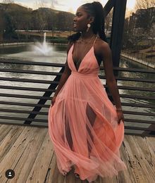 Criss-cross Spaghetti Straps Back Sexy Prom Dress Deep V Neck Simple Pink Evening Party Gowns Long Tulle Vestidos Para Formatura
