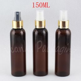 150ML Brown Round Shoulder Plastic Bottle With Gold Spray Pump , 150CC Toner / Water Sub-bottling , Empty Cosmetic Container