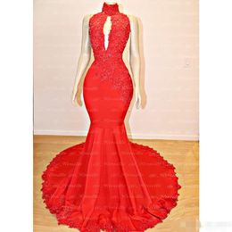 High Sexy Neck Mermaid Prom Dresses Backless Plunging Sleeveless Lace Applique Beaded Formal Ocn Wear Party Gowns Custom Made