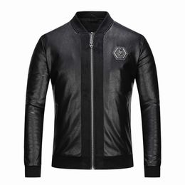 New Occident fashion casual men's skull embroidery Black PU leather coat baseball collar slim Motorcycle Jacket