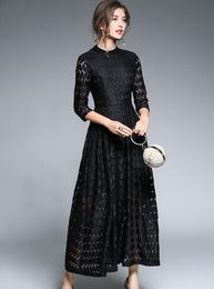 2019 Vintage dresses black lace long women dresses holiday dress A-line summer casual dresses Ankle-length 3/4 sleeve