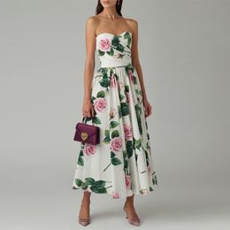 Gedivoen Elegant Party Summer Dress Women Strapless Floral Print Draped A Line Dress Fashion Designer Female Knee Length Dresses