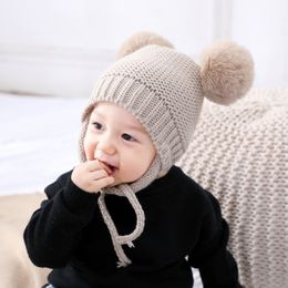New Autumn Winter Kids Knitted Hats Baby Beanies Boys Girls Babies Kids Faux Fur Ball Skull Caps Headwear Earmuffs Children Hats 15226