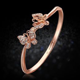 2-Butterfly Design Bangle 18K Rose Gold Filled Exquisite Zircon Inlaid Womens Bracelet Unique Jewellery