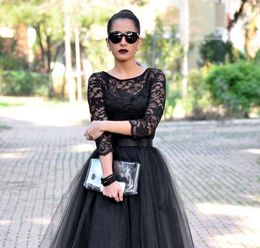 Short Black Lace Tea Length Evening Dresses 3/4 Long Sleeves Jewel A Line Black Evening Gowns qatar 2024 New Lace Long Party Dresses