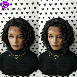 Popular perruques Short Curly Braided Lace Front Wig Natural Black bob box Braids Synthetic Wig Free Shipping
