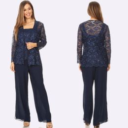 Navy Blue Lace Mother Of The Bride Pant Suits Three Pieces Sequined Wedding Guest Dress Chiffon Plus Size Mothers Groom Dresses 326 326