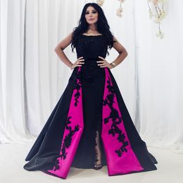 Black Arabic A Line Overskirt Evening Dresses With Detachable Train Bateau Neck Beaded Plus Size Prom Gowns Satin Side Split Formal Dress
