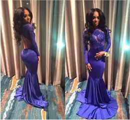 2019 In Stock Royal Blue Prom Dresses Mermaid Style Sheer Long Sleeve Lace See Though Top Dresses Evening Wear Party Formal Dress Women