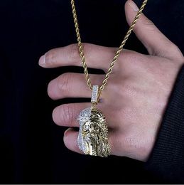 14K Gold Plated Hip Hop Semi-mechanical face jesus Pendant Necklace Mens Micro Pave Cubic Zirconia Simulated Diamonds with 24inch Rope chain