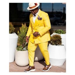 Handsome Double-Breasted Yellow Groom Tuxedos Peak Lapel Men Suits 2 pieces Wedding/Prom/Dinner Blazer (Jacket+Pants+Tie) W846