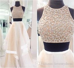 2020 Fashion Champagne Prom Dresses Two Pieces Real Image Organza Sequin Crystal Ruched Pageant Evening Formal Party Dresses Gown Custom
