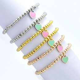 Fashion-New York Forever Love Ball Beaded Bracelets For Women Green Pink Heart Charm Stretch Strand Bracelet Stainless Steel Gift S915