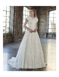 2019 Nuovi abiti da sposa modesti in pizzo con maniche ad aletta Bottoni con scollo a barchetta Indietro A-line Country Western LDS Abiti da sposa Modest Custom Made