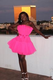 2020 Sweetheart Black Girls Homecoming Dresses Fuchsia Short Prom Dresses Pleats Ruched Tulle Cocktail Party Dresses With Bow Sash 11