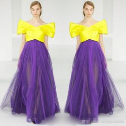 Runway Fashion Evening Gowns Bright Yellow And Purple Tulle skirt Prom Dresses Off Shoulder Satin Arabic Women Formal Wear Custom Made