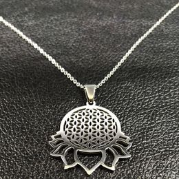 Fashion-Lotus Stainless Steel Necklace Women Silver Color Flower of Life Necklace Pendant Jewelry acero inoxidable joyeria K77509B