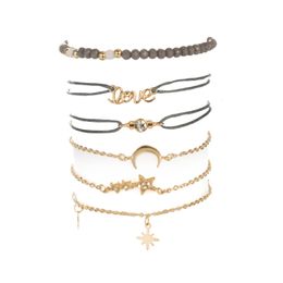 6 pezzi moda semplice amore stella a cinque punte luna combinazione braccialetto di perline catena di pietra naturale set braccialetto di corda regolabile bohémien fatto a mano