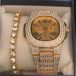Men Watches Diamond Gold Colour Iced Out Crystal Miami Cuban Chain Gold Silver Men Watch +Bracelet Set Hip Hop Jewellery King New