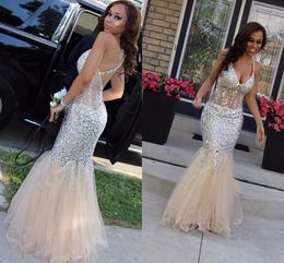 Luxury Champagne Silvery Crystal Mermaid Evening Prom Dresses See Though Top Deep V-neck Tulle Bling Party Dress Evening Gowns Prom Long