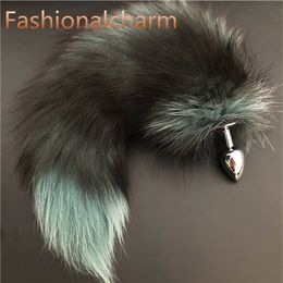 Turquoise-Real Genuine Fox Fur Tail Plug Anal Plug Cosplay Toy Love Sweety Toy Accessories Tassels